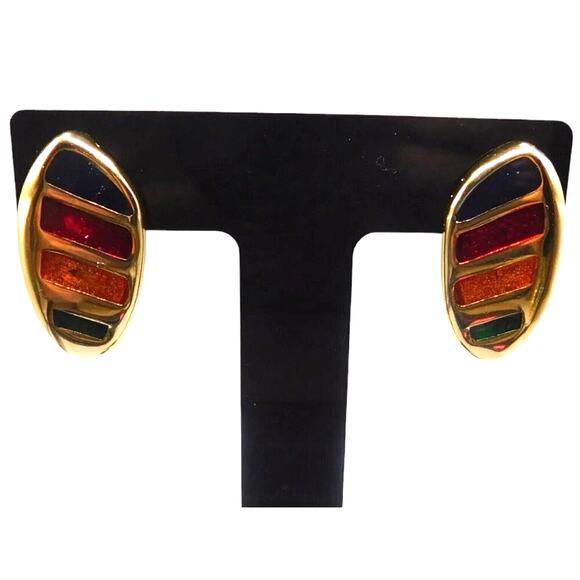 Clip On Earrings Vibrant Red Orange Green Enamel Gold Tone Setting - Picture 1 of 5